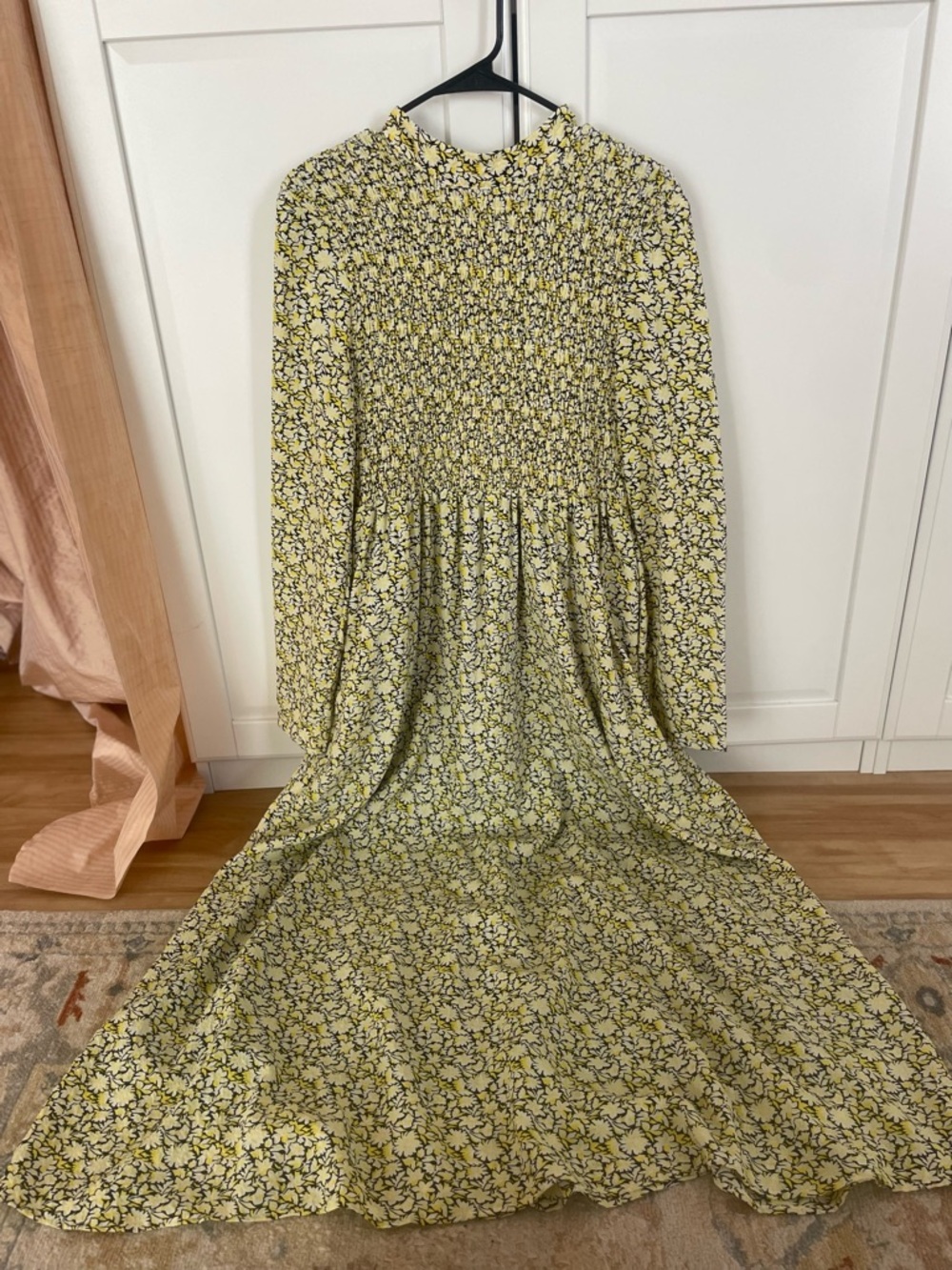 Ghospell Smocked Long-Sleeve Maxi Dress in Yellow Floral